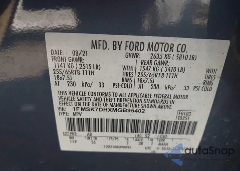 2021 Ford Explorer Xlt z USA, uszkodzony, nr VIN 1FMSK7DHXMGB95402